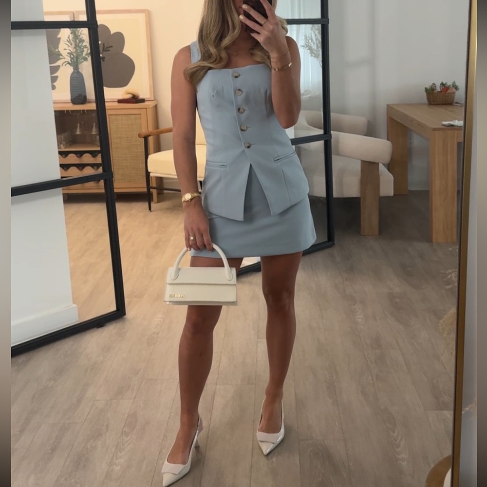 Missguided Light Blue Button-Front and Mini Skirt Set